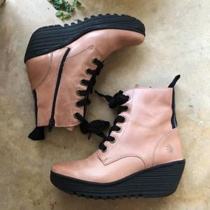 FLY LONDON Women's Yage Leather Lace Up Boots Rose 11-11.5 42 $260 EUC